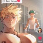  2boys bakugou_katsuki bara blush boku_no_hero_academia censored cover_them_up_slut_(meme) green_hair heart heart_censor jackray85674939 jewelry large_pectorals looking_at_viewer male_focus meme midoriya_izuku multiple_boys necklace nipples no_eyes pectorals red_eyes spiked_hair tank_top topless_male white_tank_top 