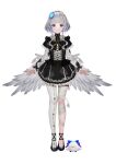  1girl absurdres bandages black_dress black_skirt dress full_body grey_wings highres looking_at_viewer low_wings official_art re:act short_hair simple_background skirt takubon usuwa_suu virtual_youtuber white_background white_feathers white_wings wings 