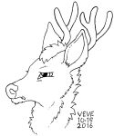  2016 ambiguous_form antlers black_and_white cervid cheek_tuft dated facial_tuft glistening glistening_eyes hair headshot_portrait hi_res horn male mammal monochrome narrowed_eyes neck_tuft portrait short_hair skyelegs solo tuft 