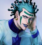  1boy cioccolata earrings facial_mark green_eyes green_hair hand_to_own_head highres hospital_0434 jewelry jojo_no_kimyou_na_bouken male_focus purple_lips solo vento_aureo 