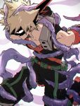  1boy angry bakugou_katsuki biting black_pants blonde_hair boku_no_hero_academia cho_mo_futoshi explosive green_belt grenade highres male_focus mask pants red_eyes solo spiked_hair teeth tentacles tentacles_on_male twitter_username 