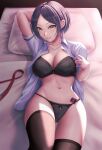  1girl absurdres arm_behind_head arm_up bed black_bow black_bra black_legwear black_panties blanket blue_hair blue_shirt bow bow_bra bow_panties bra breasts cameltoe cleavage collarbone condom condom_wrapper ear_piercing embroidered_bra from_above hayami_kanade highres idolmaster idolmaster_cinderella_girls indoors jewelry light_blush looking_at_viewer medium_breasts momi_yuro navel necklace necktie no_pants on_bed open_clothes open_shirt panties piercing pillow red_necktie shirt short_hair short_sleeves sidelocks smile solo string_panties thighhighs thighs underwear yellow_eyes 