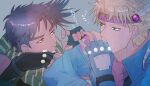  2boys absurdres battle_tendency blonde_hair blue_jacket brown_hair bubble_blowing caesar_anthonio_zeppeli facial_mark feather_hair_ornament feathers fingerless_gloves gloves green_eyes green_scarf hair_ornament headband highres hospital_0434 jacket jojo_no_kimyou_na_bouken joseph_joestar joseph_joestar_(young) male_focus multicolored_clothes multicolored_scarf multiple_boys scarf spiked_hair striped striped_scarf triangle_print yellow_scarf 