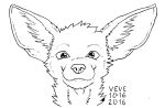  2016 ambiguous_form ambiguous_gender big_ears black_and_white canid canine cheek_tuft dated facial_tuft fennec fox front_view glistening glistening_eyes head_tuft inner_ear_fluff looking_at_viewer mammal monochrome neck_tuft signature skyelegs solo tuft 