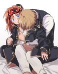  1boy 1girl blue_eyes blush brown_hair covering_face crossed_legs gintama hug hug_from_behind kagura_(gintama) loli_bushi long_hair looking_at_another okita_sougo on_lap red_hair short_hair sitting surprised 