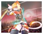  action_pose action_scene anthro armor barrier bite_mark blonde_hair bullet butt clothed clothing detailed_background domestic_cat felid feline felis fur hair hi_res legwear leotard male mammal melee_weapon pose rear_view red_eyes shaded solo stockings sword talia_(tasticstarlight) tasticstarlight weapon 