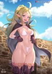  1girl achromaru ahoge artist_name bikini black_cape blue_sky blurry blurry_background boots breasts bright_pupils brown_footwear brown_gloves cape commentary day english_commentary fire_emblem fire_emblem_awakening gloves green_hair heart highres looking_at_viewer medium_breasts navel nowi_(fire_emblem) older open_mouth outdoors patreon_username pink_legwear ponytail purple_eyes pussy signature sky smile solo standing string_bikini swimsuit thigh_boots thighhighs wavy_hair wedgie white_bikini 