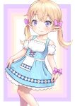  1girl blonde_hair blue_dress bow breasts child closed_mouth commentary_request dirndl dress elf eyebrows_visible_through_hair german_clothes hair_bow highres looking_at_viewer meow_(nekodenki) original pink_bow pointy_ears purple_eyes short_hair small_breasts smile solo twintails 