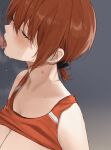  1boy 1girl akito_(d30n26) bangs bare_shoulders breasts breasts_out cleavage closed_eyes collarbone drooling eyebrows_visible_through_hair fellatio gradient gradient_background grey_background hetero highres large_breasts open_mouth oral original out-of-frame_censoring penis red_hair saliva short_hair short_ponytail solo_focus sparkle sports_bra_lift sweat tongue tongue_out upper_body 