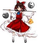  1girl ascot bangs black_footwear blue_ascot blue_eyes bow brown_hair closed_mouth detached_sleeves full_body gohei hair_bow hair_tubes hakurei_reimu highres holding imperishable_night keiki8296 looking_at_viewer nontraditional_miko ofuda red_bow red_eyes red_shirt red_skirt ribbon-trimmed_sleeves ribbon_trim shide shirt short_hair sidelocks simple_background skirt smile solo touhou white_background white_legwear wide_sleeves yin_yang 