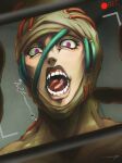  1boy bodysuit highres hospital_0434 jojo_no_kimyou_na_bouken male_focus open_mouth purple_eyes recording saliva_drip secco solo teeth tongue tongue_out vento_aureo viewfinder wide-eyed 