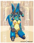  absurd_res anthro armband big_eyes bottomwear breasts canid canine clothing female gold_(metal) hi_res khblacky97 legband legwear looking_at_viewer lucario mammal nintendo nipples pattern_background pok&eacute;mon pok&eacute;mon_(species) pokemon_unite raised_tail red_eyes ruins_style_lucario shirt simple_background sitting_on_leg solo spikes topwear video_games 