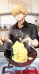  1boy apron bakugou_katsuki black_shirt blonde_hair blue_fire blurry blurry_background boku_no_hero_academia cho_mo_futoshi collared_shirt cooking fire food foreshortening fried_rice frying_pan highres holding holding_frying_pan jar kitchen male_focus red_eyes shirt solo spiked_hair stove twitter_username 