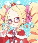  1girl beatrice_(re:zero) blonde_hair blue_eyes bow bug butterfly cloak crown crown_hair_ornament curly_hair dress drill_hair fur_collar fur_trim glasses hand_on_eyewear hand_on_own_face highres lace_trim long_hair looking_at_viewer mini_crown open_mouth pale_skin re:zero_kara_hajimeru_isekai_seikatsu ribbon ringlets simple_background twintails zerobarto 