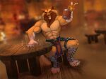  4_toes 5_fingers anthro beverage biped blurred_background brown_body brown_ears brown_fur cheek_tuft claws clothed clothing elbow_tufts facial_tuft feet fingers front_view fur glistening glistening_eyes gloves_(marking) legwear male markings muscular muscular_anthro muscular_male ninetht one_eye_closed orange_eyes sitting solo spread_legs spreading tan_body tan_fur toes topless tuft white_body white_claws white_fur 