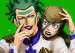  2boys biting bodysuit cioccolata earrings facial_mark green_eyes green_hair highres hospital_0434 jewelry jojo_no_kimyou_na_bouken lip_biting lipstick makeup male_focus multiple_boys purple_eyes purple_lips secco vento_aureo 