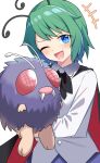 +++ 1girl ;d antennae bangs blue_eyes blush buttons cape collared_shirt commentary_request e.o. green_hair highres holding holding_pokemon long_sleeves looking_at_viewer one_eye_closed open_mouth pokemon pokemon_(creature) shirt short_hair smile solo touhou trait_connection two-sided_cape two-sided_fabric venonat white_shirt wing_collar wriggle_nightbug 