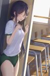  1girl black_hair brown_eyes buruma classroom eyebrows_visible_through_hair glasses gym_shirt gym_uniform hands_up highres long_hair looking_at_viewer low_twintails muroto_aki open_mouth over-rim_eyewear pallad photokano semi-rimless_eyewear shirt short_sleeves solo twintails 