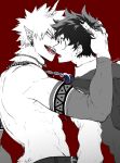  2boys bakugou_katsuki bead_necklace beads boku_no_hero_academia cho_mo_futoshi detached_sleeves earrings fang fingernails freckles green_eyes head_grab highres horns imminent_kiss jewelry looking_at_another male_focus midoriya_izuku monochrome monster_boy multiple_boys multiple_necklaces necklace open_mouth pointy_ears red_background red_eyes sharp_fingernails sharp_teeth simple_background spiked_hair sweatdrop teeth tongue topless_male twitter_username yaoi 