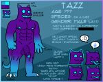  abs anthro balls blue_body blue_eyes blue_tongue claws emoticon feet foreskin genitals geometry_dash glowing glowing_eyes glowing_mouth glowing_nipples half-erect hi_res huddsies long_tongue male model_sheet muscular muscular_anthro muscular_male nipples nude open_mouth pecs penis purple_body smile solo standing tall tazz_(huddsies) text tongue unknown_species water_drop 