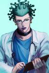  1boy cioccolata clipboard doctor earrings green_eyes green_hair highres hospital_0434 jewelry jojo_no_kimyou_na_bouken labcoat lipstick makeup male_focus medical_scrubs purple_lips solo stethoscope vento_aureo 