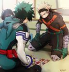  1other 2boys bakugou_katsuki belt black_pants blonde_hair bodysuit boku_no_hero_academia cho_mo_futoshi explosive freckles gloves green_bodysuit green_gloves green_hair grenade hanafuda highres hood hood_down knee_pads male_focus mask mask_on_head mask_removed midoriya_izuku multiple_boys pants playing_games red_belt red_eyes seiza sitting spiked_hair twitter_username white_gloves 