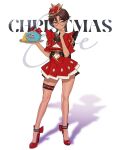  1girl brown_hair christmas crown datli64 dragon_quest dress earrings food glasses high_heels highres jewelry mole mole_under_eye orange_eyes original red_dress red_footwear red_nails red_ribbon ribbon ribbon_trim sandwich shadow slime_(dragon_quest) solo text_background thigh_strap 