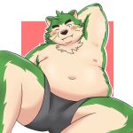  2022 anthro belly big_belly black_nose blush canid canine canis clothing cute_fangs domestic_dog green_body hmkeito kemono lifewonders live-a-hero male mammal mokdai moobs navel nipples one_eye_closed overweight overweight_male sitting solo underwear video_games wink 