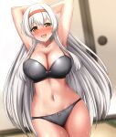  1girl absurdres armpits arms_behind_head arms_up bangs blurry blurry_background blush bra breasts brown_eyes cleavage collarbone commentary_request cowboy_shot eyebrows_visible_through_hair grey_bra grey_panties hair_between_eyes hairband highres indoors kantai_collection large_breasts long_hair looking_at_viewer navel open_mouth orange_hairband panties shoukaku_(kancolle) silver_hair solo sweat underwear zanntetu 