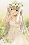  1girl absurdres adjusting_clothes adjusting_headwear amaneko_(amaneko_y) bangs blue_eyes blurry blurry_background clover dress eyebrows_visible_through_hair flower green_eyes head_wreath heterochromia highres long_hair looking_at_viewer original parted_lips signature silver_hair sleeveless sleeveless_dress smile solo upper_body very_long_hair white_dress white_flower 