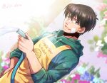  1boy apron artist_name bandaid bandaid_on_face bangs black_hair blurry blurry_background brown_eyes dutch_angle english_text floral_background floral_print garden green_hoodie hajime_no_ippo hand_on_hip hood hoodie jin_akhr kimura_tatsuya lens_flare looking_at_viewer male_focus open_mouth short_hair smile solo sunflower_print upper_body water water_drop water_pipe watering 