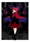  1girl absurdres ayamakinyan_(xianjian) bangs black_footwear black_shirt blue_bow blue_cape blue_legwear border bow cape commentary_request disembodied_head floating_head full_body hair_bow hand_up highres long_sleeves red_cape red_eyes red_hair red_skirt sekibanki shirt shoes short_hair skirt socks solo touhou two-sided_cape two-sided_fabric white_border 