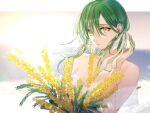  1girl absurdres bare_shoulders bouquet braid commentary flower green_hair hair_ribbon hand_up highres hoshi_rasuku lens_flare looking_at_viewer original outside_border parted_lips ribbon solo sunlight white_ribbon yellow_eyes yellow_flower 