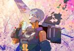  1girl apex_legends bodysuit brown_eyes cup flower grey_hair hair_behind_ear headset holding holding_cup jetpack looking_up missile_pod mizu_cx open_mouth orange_bodysuit short_hair solo upper_body valkyrie_(apex_legends) 