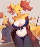  ... 2022 anthro big_breasts blep braixen branch breasts butt clothed clothing delphox dipstick_tail female fur hi_res inner_ear_fluff looking_at_viewer markings multicolored_body multicolored_fur nintendo one_eye_closed pictographics pok&eacute;mon pok&eacute;mon_(species) tail_markings tongue tongue_out tuft video_games whooo-ya wink 