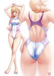  1girl armpits arms_behind_head ass bangs barbell_piercing bare_arms bare_legs barefoot blonde_hair blush braid breasts commentary_request competition_swimsuit covered_navel ear_piercing earrings finalcake from_behind full_body gradient_hair groin gyaru hand_on_hip highleg highleg_swimsuit highres jewelry kitagawa_marin large_breasts long_hair medium_breasts multicolored_clothes multicolored_hair multicolored_swimsuit nail_polish one-piece_swimsuit open_mouth piercing red_eyes red_hair simple_background single_braid solo sono_bisque_doll_wa_koi_wo_suru standing swept_bangs swimsuit white_background white_swimsuit zoom_layer 