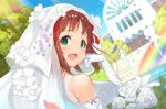 1girl :d amami_haruka blue_sky blush bouquet bridal_veil brown_hair commentary_request day dress elbow_gloves flower fountain gloves green_eyes hair_ribbon highres idolmaster idolmaster_(classic) jewelry looking_at_viewer looking_back ooshima_kojima outdoors rainbow red_ribbon ribbon ring rose short_hair sky smile solo veil wedding_dress white_flower white_gloves white_rose 