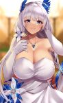  1girl azur_lane bangs bare_shoulders blue_eyes blush breasts cleavage collarbone dress elbow_gloves gloves highres illustrious_(azur_lane) jewelry large_breasts long_hair looking_at_viewer mole mole_under_eye necklace silver_hair smile solo wee_(weeyy) white_dress white_gloves 