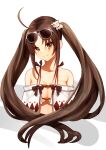  1girl animal_hair_ornament bangs bare_shoulders breasts brown_eyes brown_hair cleavage closed_mouth collarbone eyewear_on_head fate/grand_order fate_(series) floating_hair highres long_hair looking_at_viewer medium_breasts shiny shiny_hair simple_background smile solo spica_(starlitworks) sunglasses upper_body very_long_hair white_background yu_mei-ren_(fate) yu_mei-ren_(swimsuit_lancer)_(fate) 