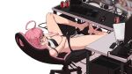  1girl absurdres ahoge black_bra black_panties bra bra_lift breasts breasts_out can caught censored chair coca-cola computer computer_tower constricted_pupils counter:side deliciousmeatart female_masturbation gaming_chair glasses green_eyes highres keyboard_(computer) laptop looking_at_viewer masturbation monitor mouse_(computer) nipple_tweak nipples panties pink_hair pornography red-framed_eyewear router sitting soda_can spread_legs surprised sweat sylvia_lena_cooper table underwear white_background 