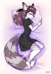  &lt;3 anthro bedding bedding_background biped black_clothing black_dress black_nose bloominglynx blush brown_ears brown_hair brown_stripes brown_tail cellphone clothing dress ear_tuft feather_accessory female fur hair half-closed_eyes hi_res holding_cellphone holding_object holding_phone holding_smartphone leg_tuft lying markings narrowed_eyes on_side phone pink_body pink_eyes pink_fur pink_stripes side_view smartphone smile solo striped_body striped_fur striped_markings striped_tail stripes tail_markings tuft white_body white_fur white_inner_ear white_tail 