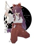  1girl :d bow eyebrows_visible_through_hair full_body gohei hair_bow hair_tubes hakama hakurei_reimu hakurei_reimu_(pc-98) highres holding holding_stick japanese_clothes kneeling long_hair looking_at_viewer miko open_mouth purple_hair simple_background smile sokura_(mochichitose) solo sparkle stick touhou touhou_(pc-98) very_long_hair white_background 