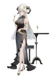  1girl absurdres bangs bare_arms bare_shoulders black_dress breasts champagne_flute chinese_commentary commentary_request crossed_legs cup dress drinking_glass full_body hand_up high_heels highres holding holding_cup horns large_breasts long_hair luozhou_pile original pointy_ears side_slit silver_hair simple_background sleeveless sleeveless_dress solo standing very_long_hair watson_cross white_background yellow_eyes 