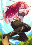  1girl :d absurdres black_pants day eris_greyrat floating_hair highres holding holding_sword holding_weapon lens_flare long_hair mushoku_tensei open_mouth outdoors pants red_eyes red_hair shirt short_sleeves smile solo sword tamago_sando very_long_hair weapon white_shirt 