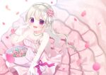  1girl :d bangs bare_shoulders blush bouquet breasts cleavage commentary_request dress eyebrows_visible_through_hair flower gloves grey_hair hair_between_eyes hair_flower hair_ornament hanakumo_rin_(vtuber) hand_up highres long_hair looking_at_viewer medium_breasts petals pink_dress pink_flower pink_rose propro_production purple_eyes rose smile solo strapless strapless_dress suzu_(minagi) very_long_hair virtual_youtuber wedding_dress white_background white_gloves 