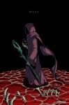  1other black_background blood blood_on_clothes bone cape copyright_name from_side highres holding holding_staff hood hood_up hooded_cape noita noita_(character) okajamira purple_cape purple_robe sash solo staff standing yellow_sash 