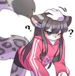  2021 ? ambiguous_gender anthro blue_eyes blush clothed clothing disembodied_hand duo english_text felid female female/ambiguous fur grey_body grey_fur grey_hair hair head_pat hi_res hoodie kemono mammal multicolored_body multicolored_fur multicolored_tail nachiwanko one_eye_closed pantherine signature simple_background snow_leopard snow_leopard_(nachiwanko) solo_focus text topwear translated_description white_background white_body white_fur 