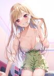  1girl :d bangs bare_shoulders blonde_hair blush breasts camisole cleavage collarbone commentary_request covered_nipples dated ear_piercing eyebrows_visible_through_hair from_below green_shorts hand_in_own_hair high-waist_shorts highres indoors kitagawa_marin large_breasts leaf_print long_hair looking_at_viewer looking_down neki_(wakiko) parted_lips piercing print_shorts purple_eyes shorts signature smile sono_bisque_doll_wa_koi_wo_suru strap_slip very_long_hair 