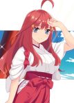  1girl absurdres ahoge bangs blue_eyes breasts closed_mouth floating_hair go-toubun_no_hanayome hair_ornament hakama highres japanese_clothes kimono kouta(34765766) large_breasts long_hair looking_at_viewer miko nakano_itsuki red_hair red_hakama shiny shiny_hair sleeves_rolled_up solo sparkle standing star_(symbol) star_hair_ornament sweatdrop very_long_hair white_kimono 