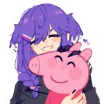  2girls ^_^ black_sweater blush braid closed_eyes english_commentary eyebrows_visible_through_hair fangs hair_ornament hairclip head_wings headpat hug hug_from_behind multiple_girls nijisanji nijisanji_en peppa_pig peppa_pig_(series) purple_hair red_sweater selen_tatsuki smile sweater twin_braids v-shaped_eyebrows virtual_youtuber white_background yuno_(p2eocene) 